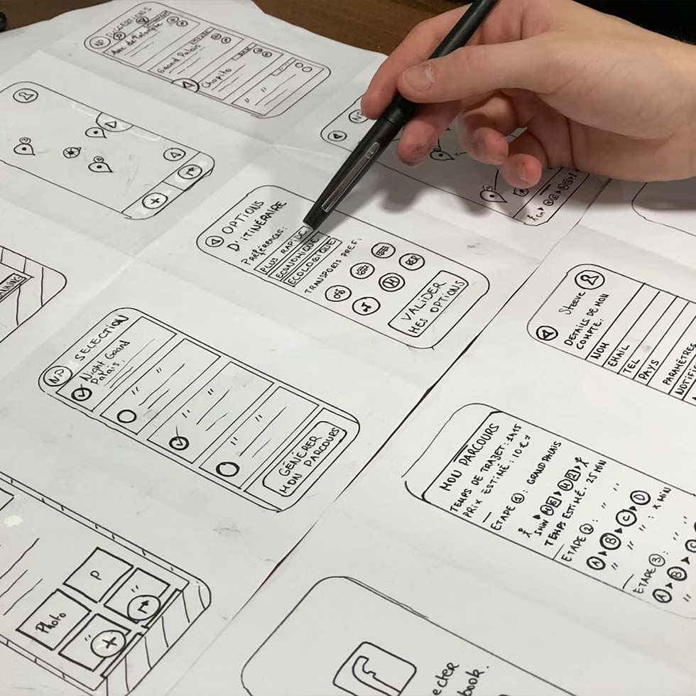 Wireframes of mobile app on a desk